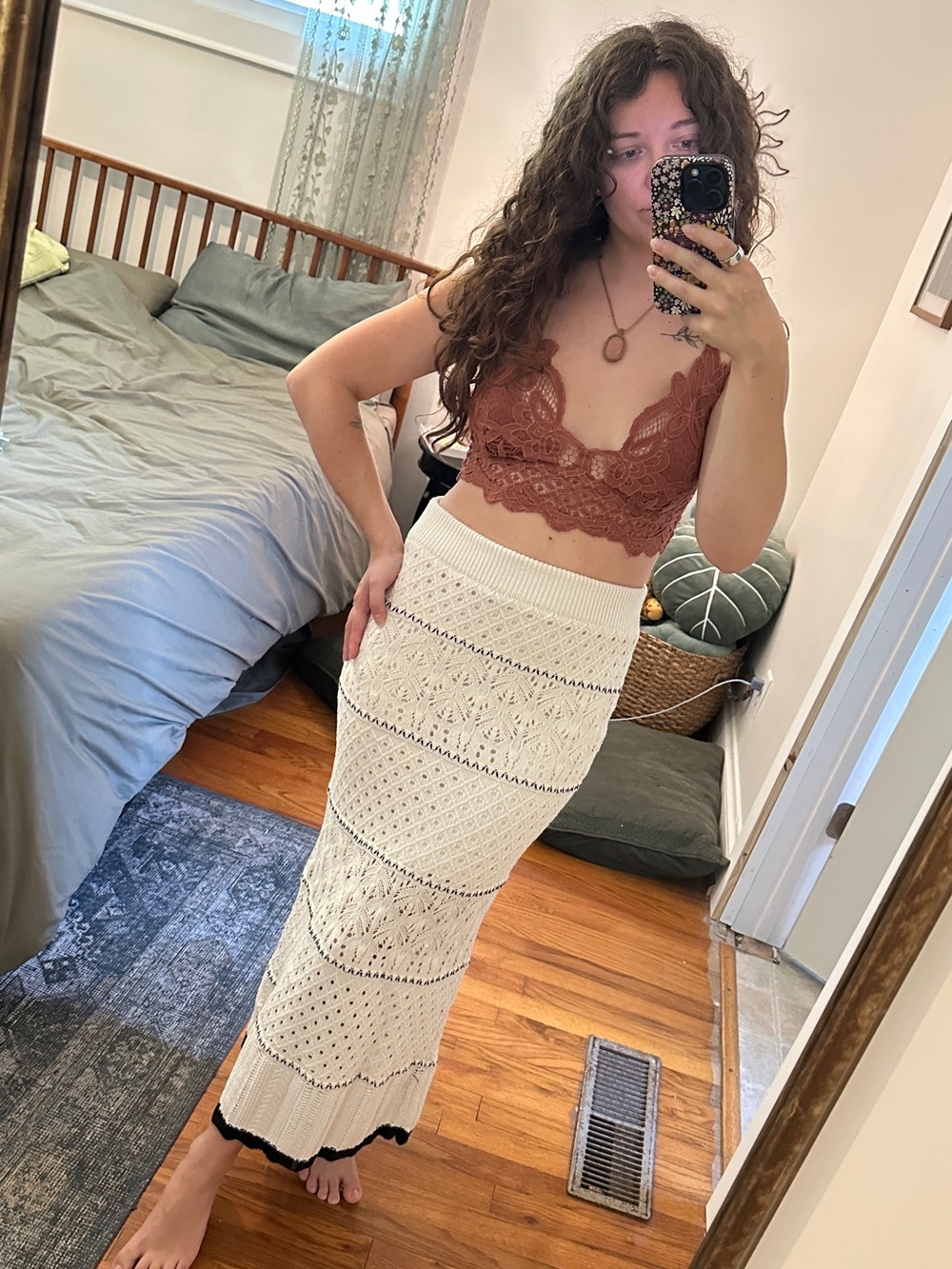 Olive & Oak Cream Crochet Maxi Skirt with Black Trim